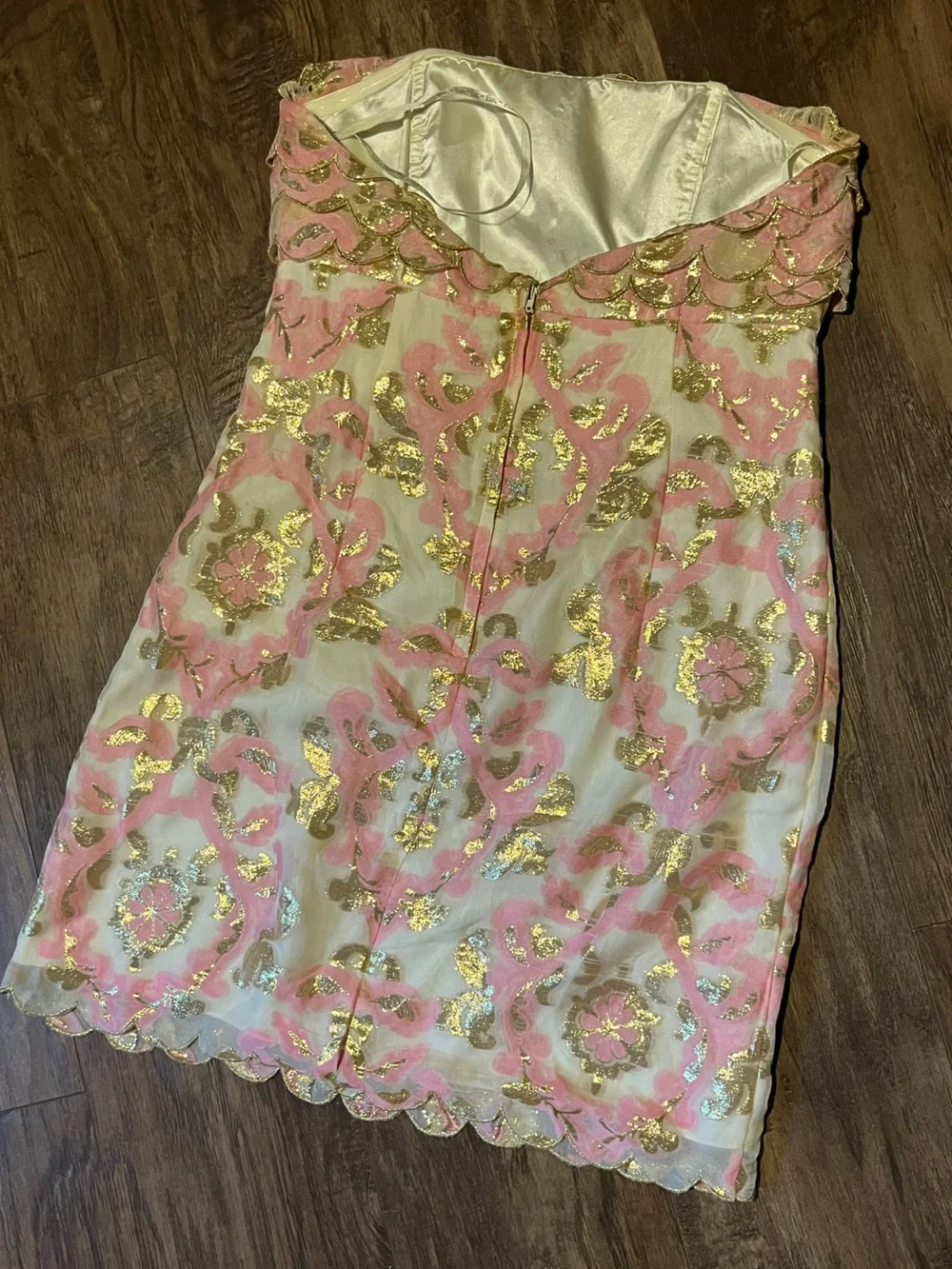 Lilly Pulitzer Strapless Pink, Gold and Cream Floral Brocade Dress - Picture 4 of 7